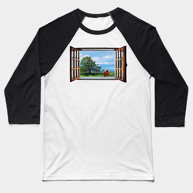 Cardinal In The Window Baseball T-Shirt by rc1ark